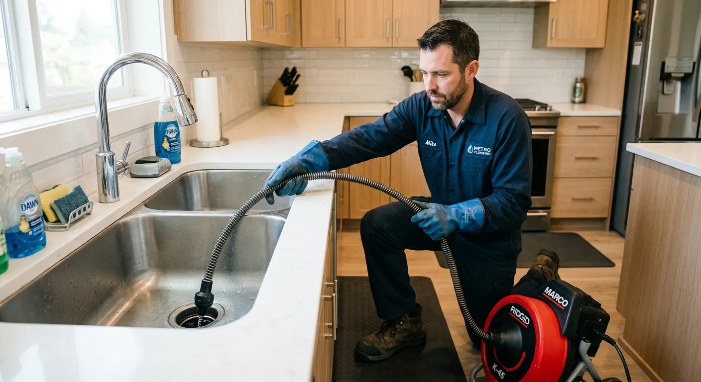 Drain cleaning technician using a motorized snake on a kitchen sink in Scarborough
