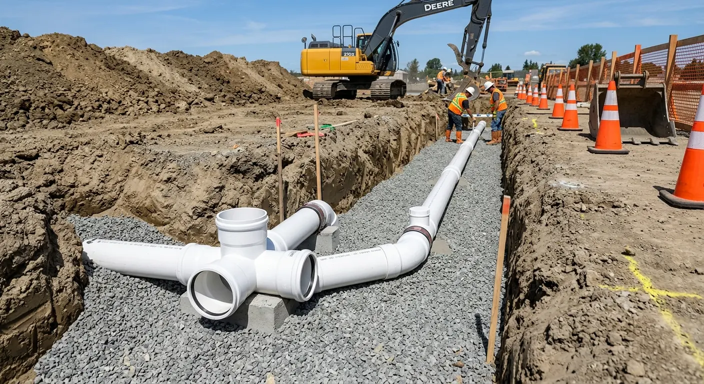 New PVC sewer pipe installation in open trench for Commercial Drain Cleaning in Scarborough