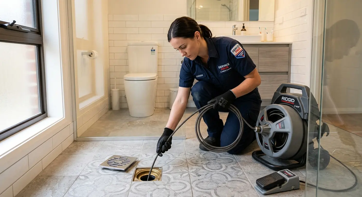 Technician clearing a bathroom floor drain for Sewer Line Installation in Scarborough